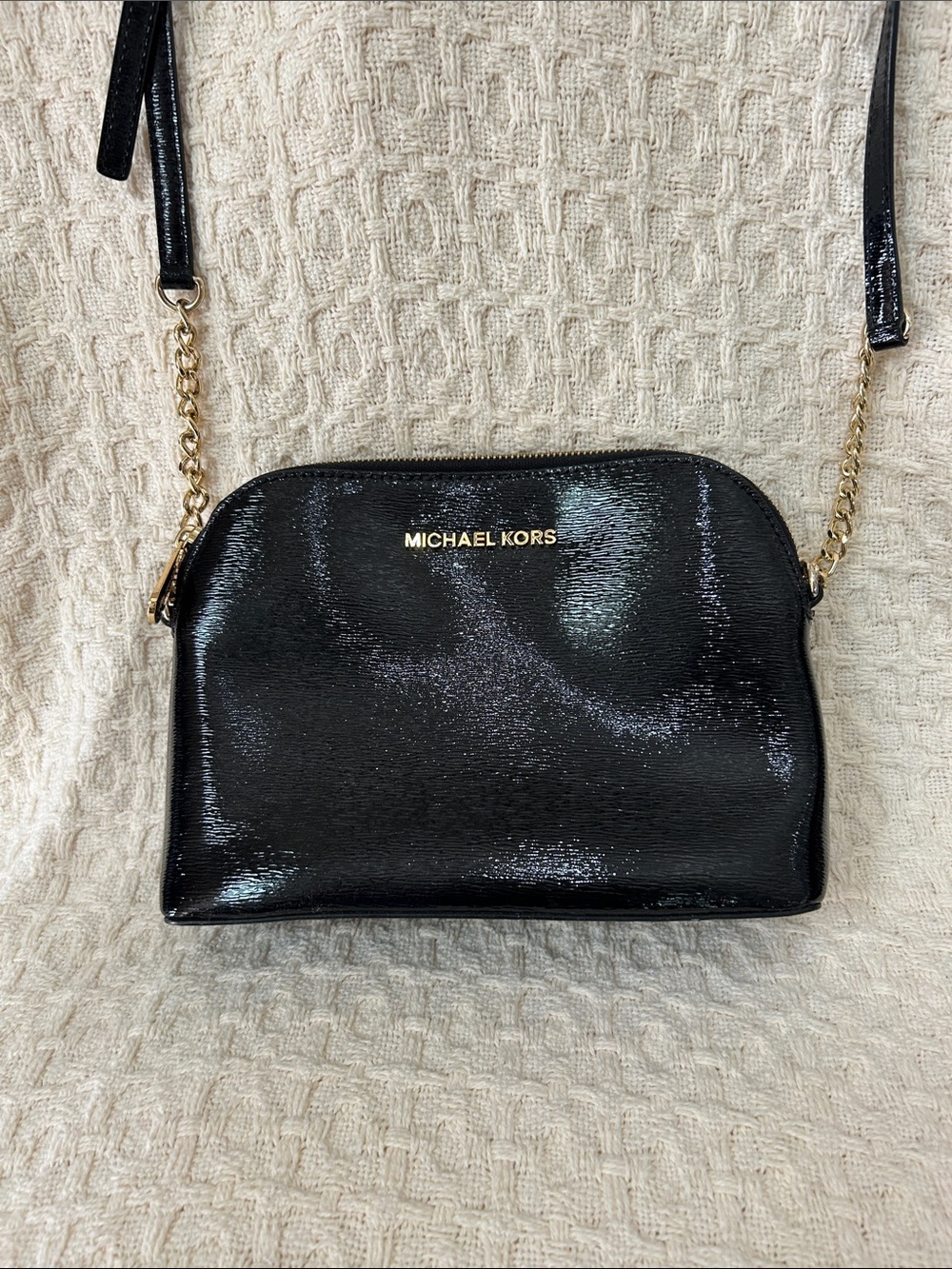 Michael Kors Shiny Black Patent Dome Crossbody with Gold Chain